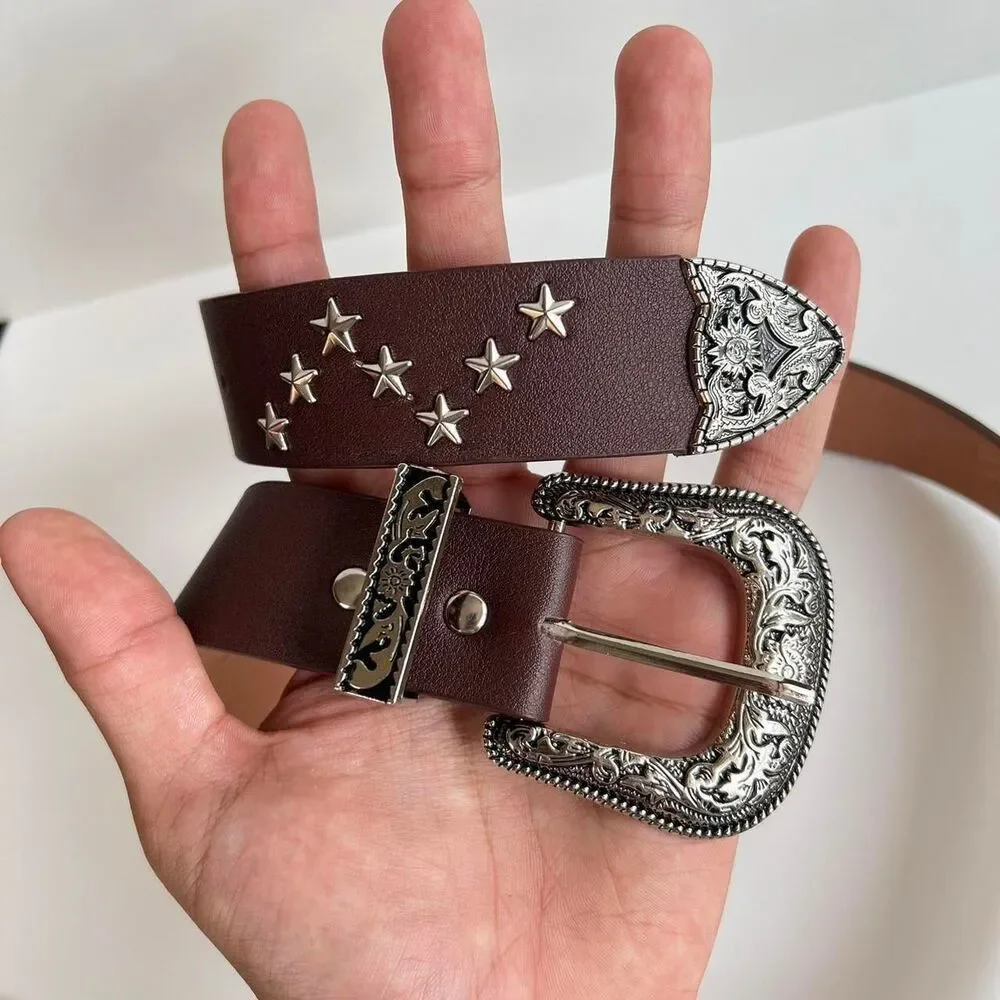 y2k brown american western cowboy boho star studded belt